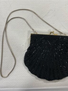 Beaded Black Evening Clutch with Silver Chain André Cellini